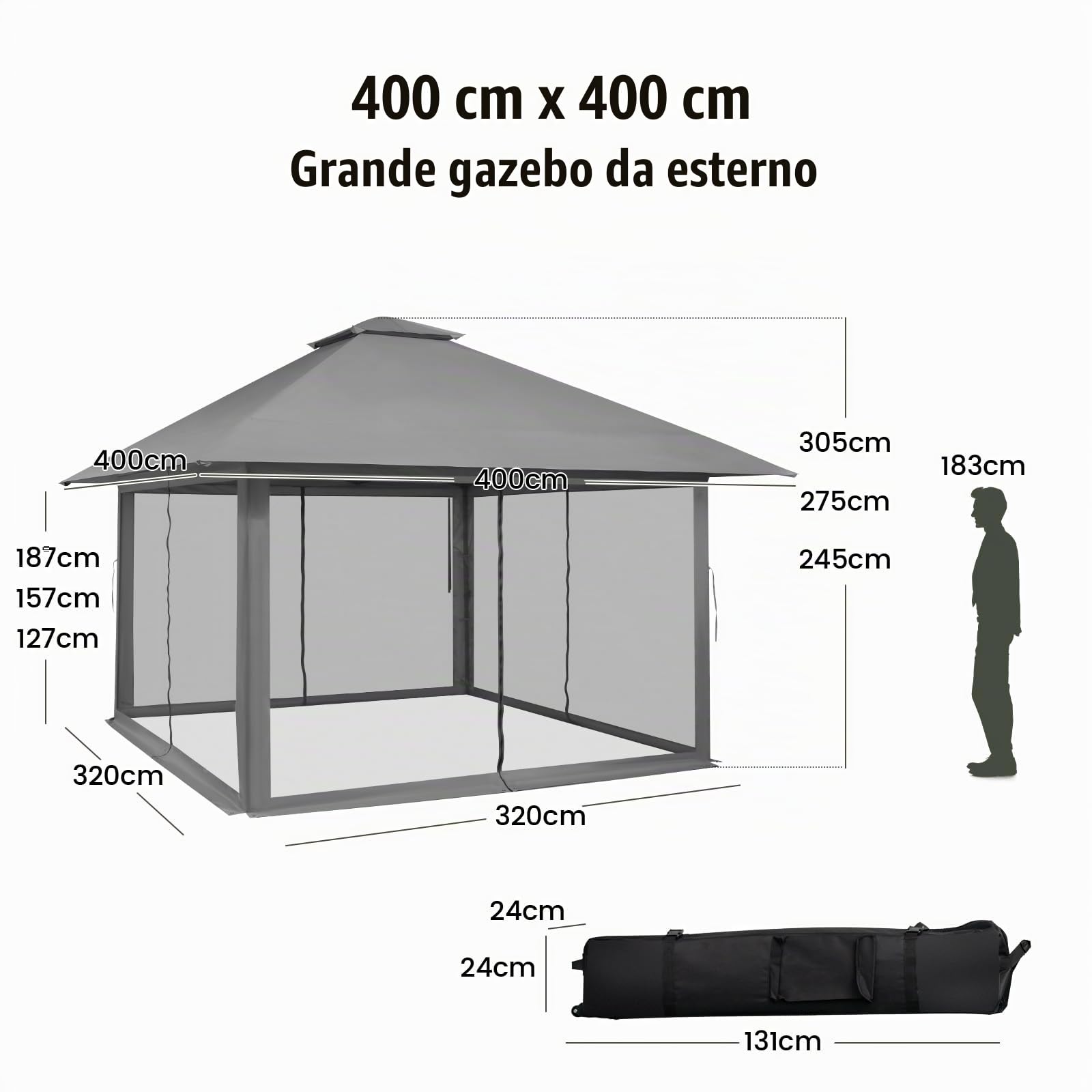 HOMASIS Gazebo Pieghevole da Giardino, Gazebo 4x4 M con Altezza Regolabile e Pareti Laterali Removibili, Gazebo Pop-Up con Zanzariera e Borsa per il Trasporto, per Patio, Spiaggia (Grigio)