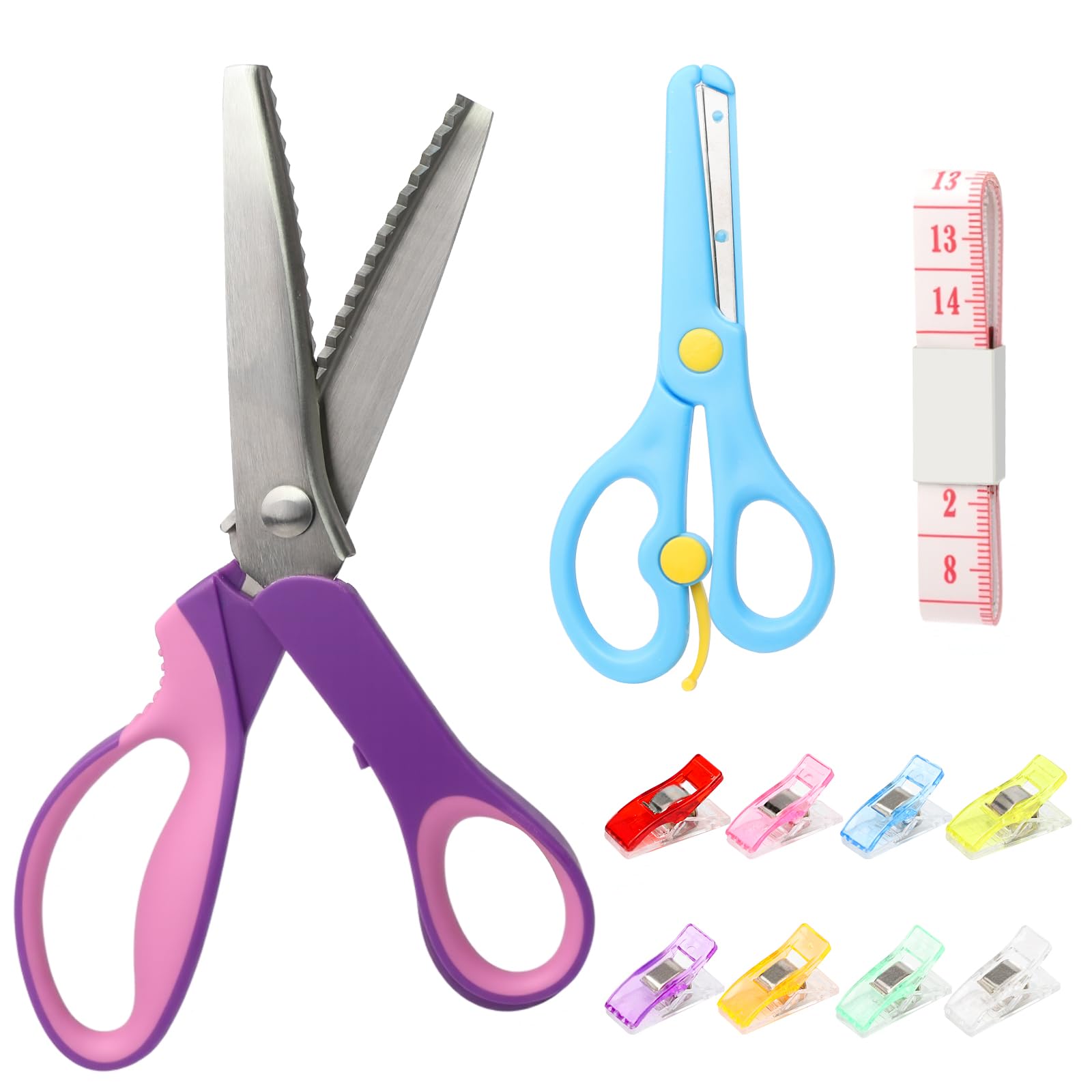 5mm Zickzacken Schere Set - Profi Näh Zick Zack Schere mit 8 Klemme, Edelstahl Stoffe Schneiderschere mit Weicher Maß, Handwerk Schere Set, Multifunktionale Gezahnte Stoffschere für Gewebe Papier