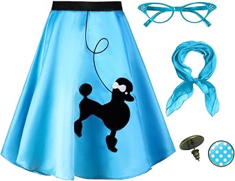 Knemksplanet Womens 50s Poodle Midi Skirts 4Pcs 1950s Costume Accessories Outfit Scarf Eyeglasses Polka Dot Earrings