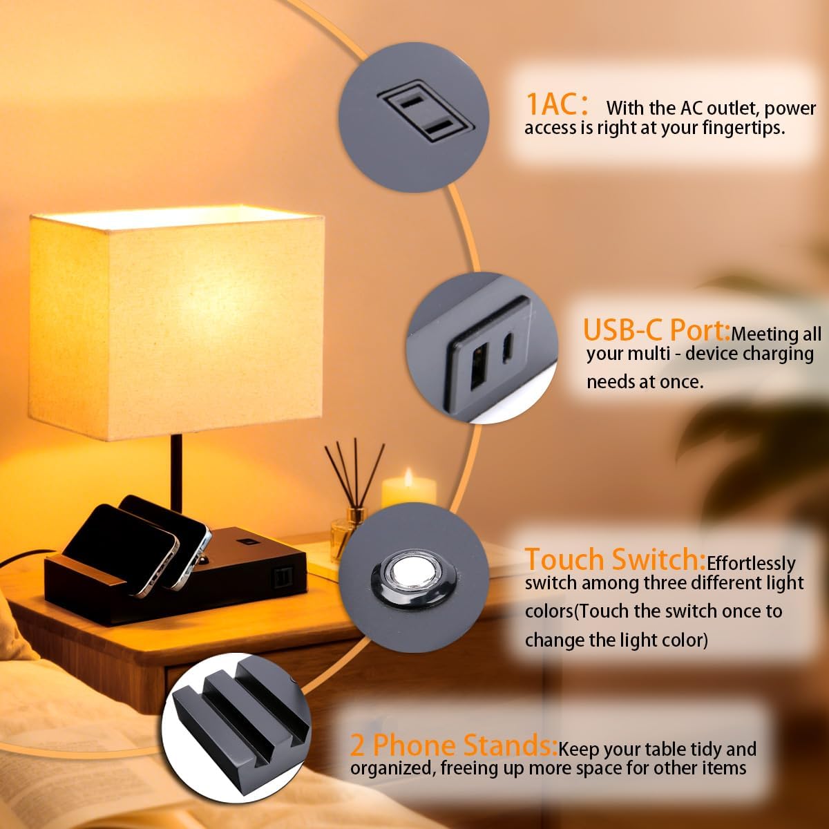 Touch Nightstand Lamp with USB C Port for Bedroom, Bedside Lamps with Charging Station, Small Table Lamp with Charging Outlets and Phone Stands Bulb Included (Black)
