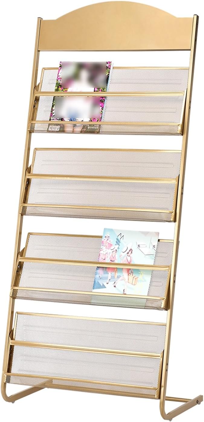 3/4-Layer Iron Magazine Rack with Wheels, Mobile Display Rack, Floor-Standing Brochure Stand, for Offices, Trade Show Exhibitions Office Retail Store (Gold 63x36.5x143cm)