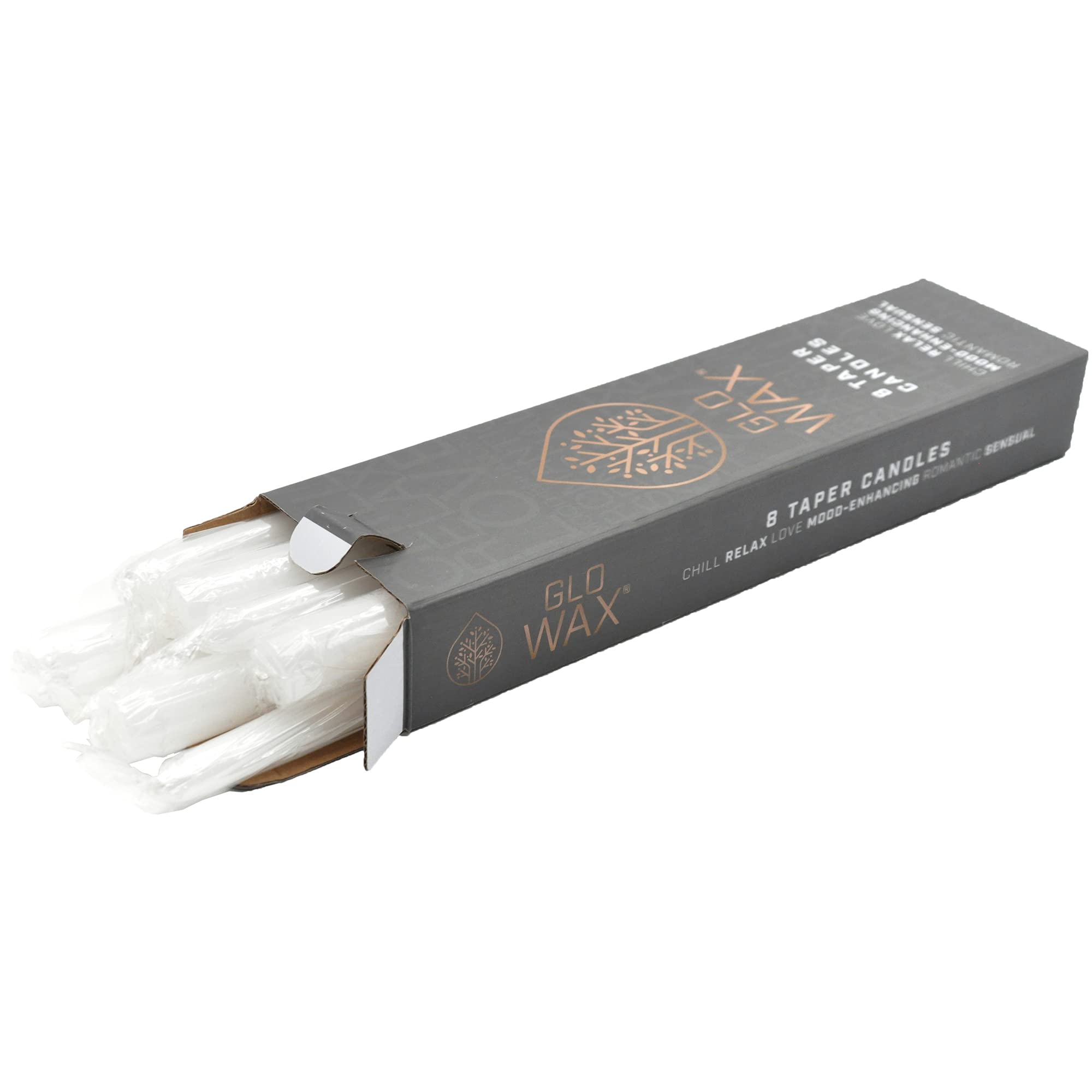 Glo - Candele coniche in cera, confezione da 8 candele decorative per migliorare l'umore, romantiche, rilassanti, ideali come regalo non profumato, 2.2 x 30 cm (8 confezioni, bianche