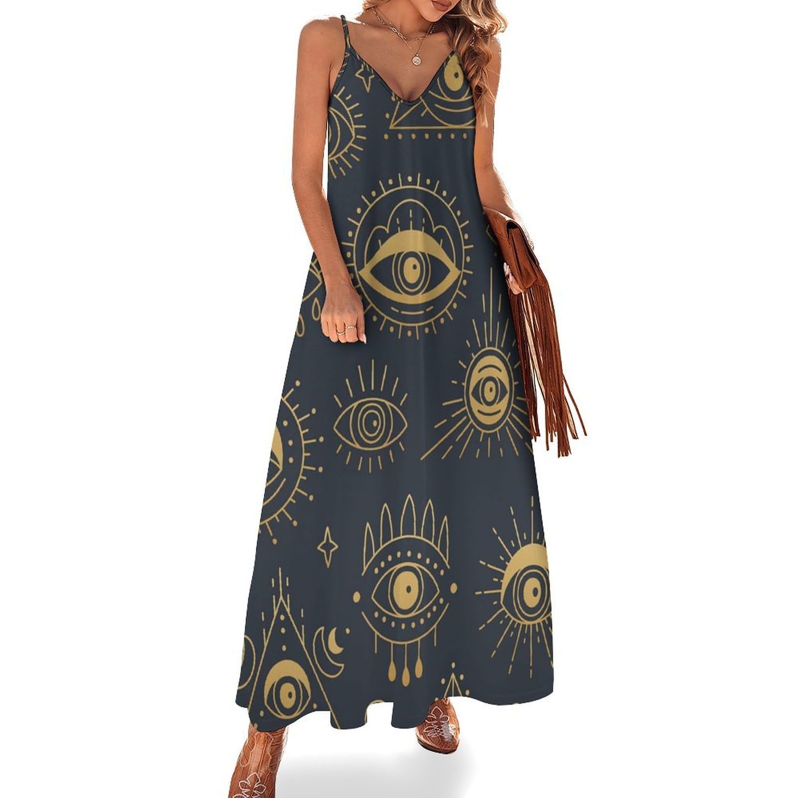 Anceky Women's As Pic Long Maxi Dress Casual Adjustable Spaghetti Strap V Neck Sundresses, Gold Evil Eye