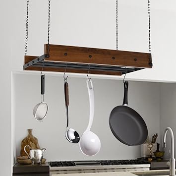 Pot Rack Hanging,Pot Hanger,Hanging Pot Rack Ceiling Mount,Vintage Pot Hangers for Kitchen Ceiling,The Terfect Combination of Lron and Wood Pot Hanger,Measures 24 x 13 x 2.4 Inches.