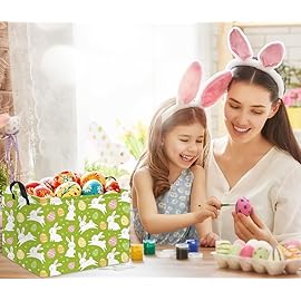HIYAGON Rectangular Easter Basket Easter Gift Basket Kids Storage Basket Kids Basket Baby Nursery Basket for Boys Bunny Room Decor Cute Toy Storage Organizer Bins Bedroom(Green Easter Bunny)