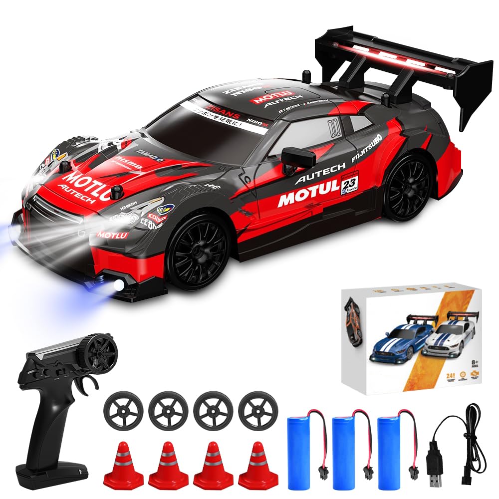 Voiture Télécommandée Drift, 1:24 4WD RC Drift Car 30 km/h Voiture RC Car Jouets Voi-ture de Dérive Télécommandée voi-ture Radiocommandée Tout Terrain avec Lumières pour Garçon Fille Jouet