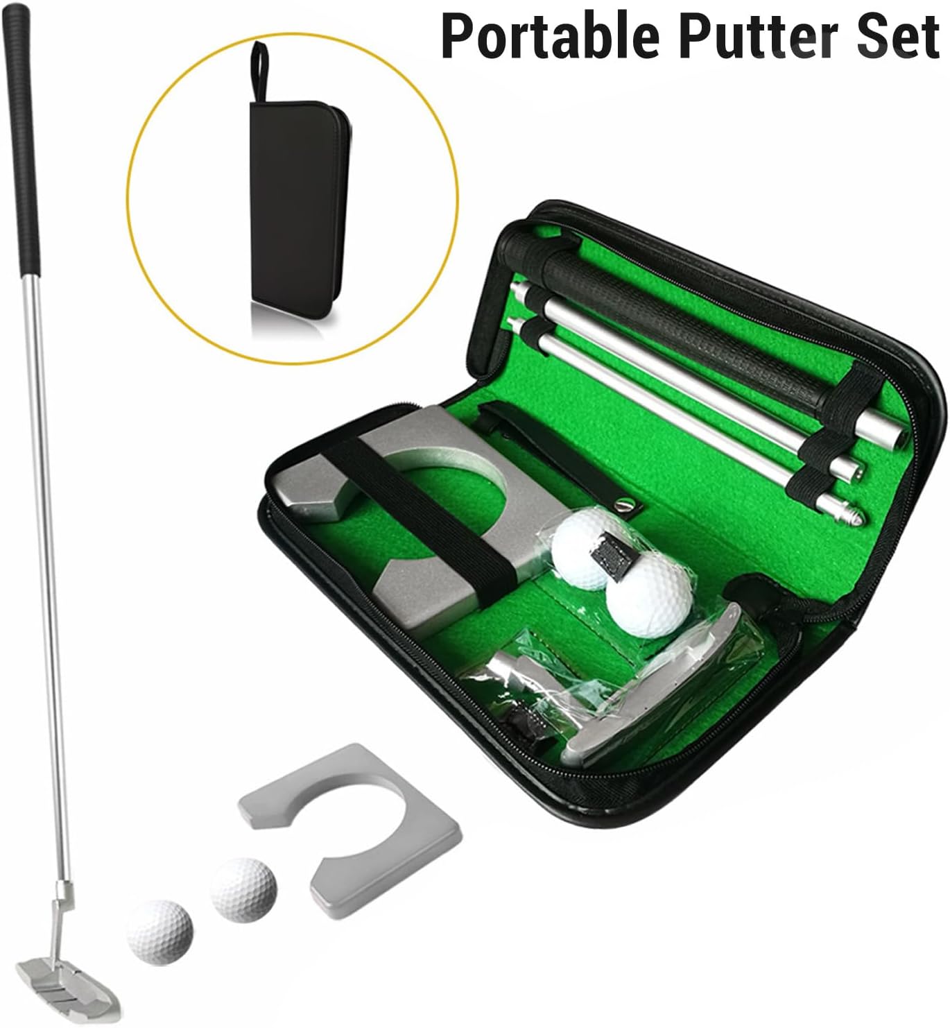 Portable Putter Set, Right Handed Putter Kit, Zinc Aluminum Alloy Putting Practice Set with Hole Cup and Balls, Lightweight Training Equipment for Indoor Outdoor Use
