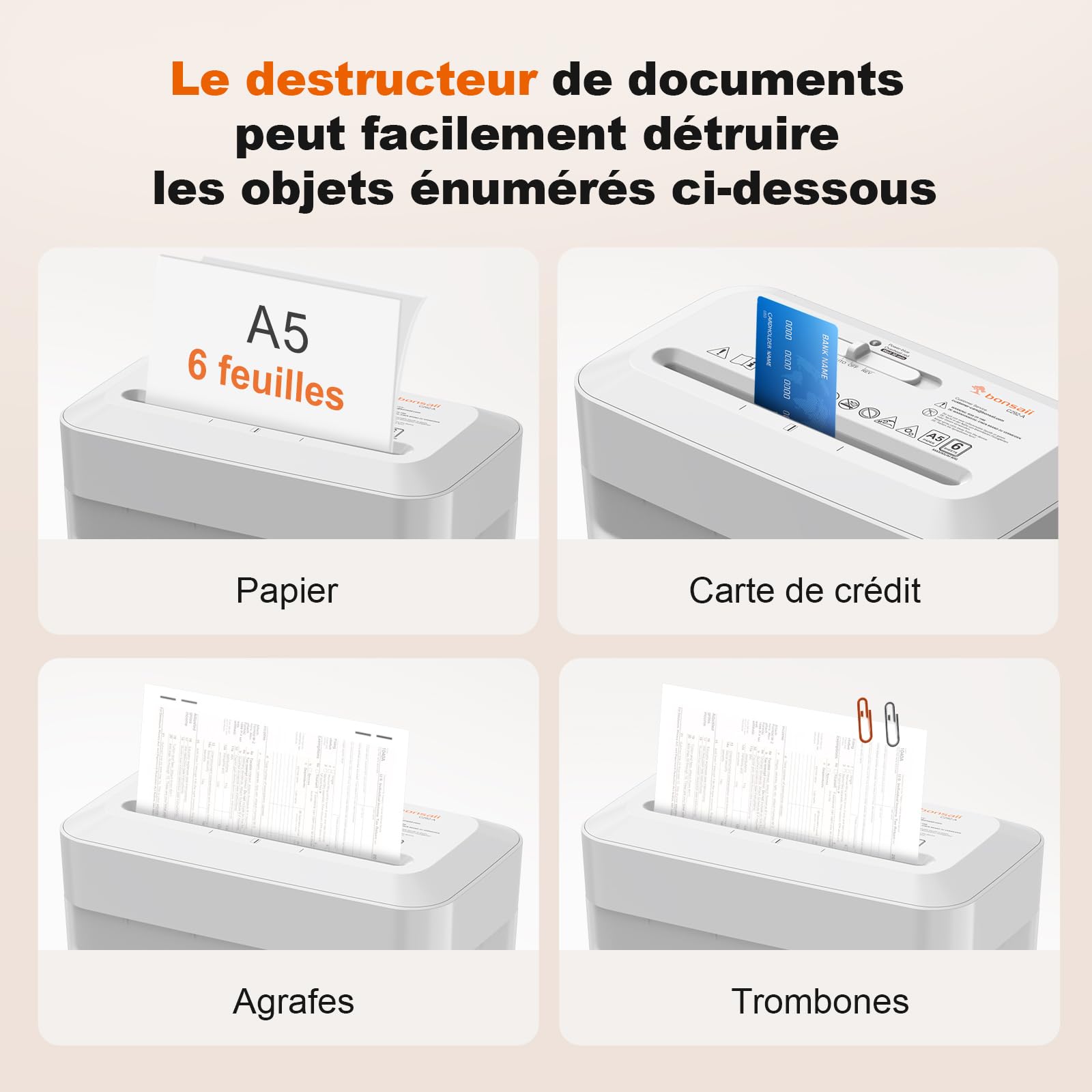 Bonsaii Destructeur de Documents Coupe Croisée 6 Feuilles A5 Haute Sécurité P-4 Bac 6L C292-A