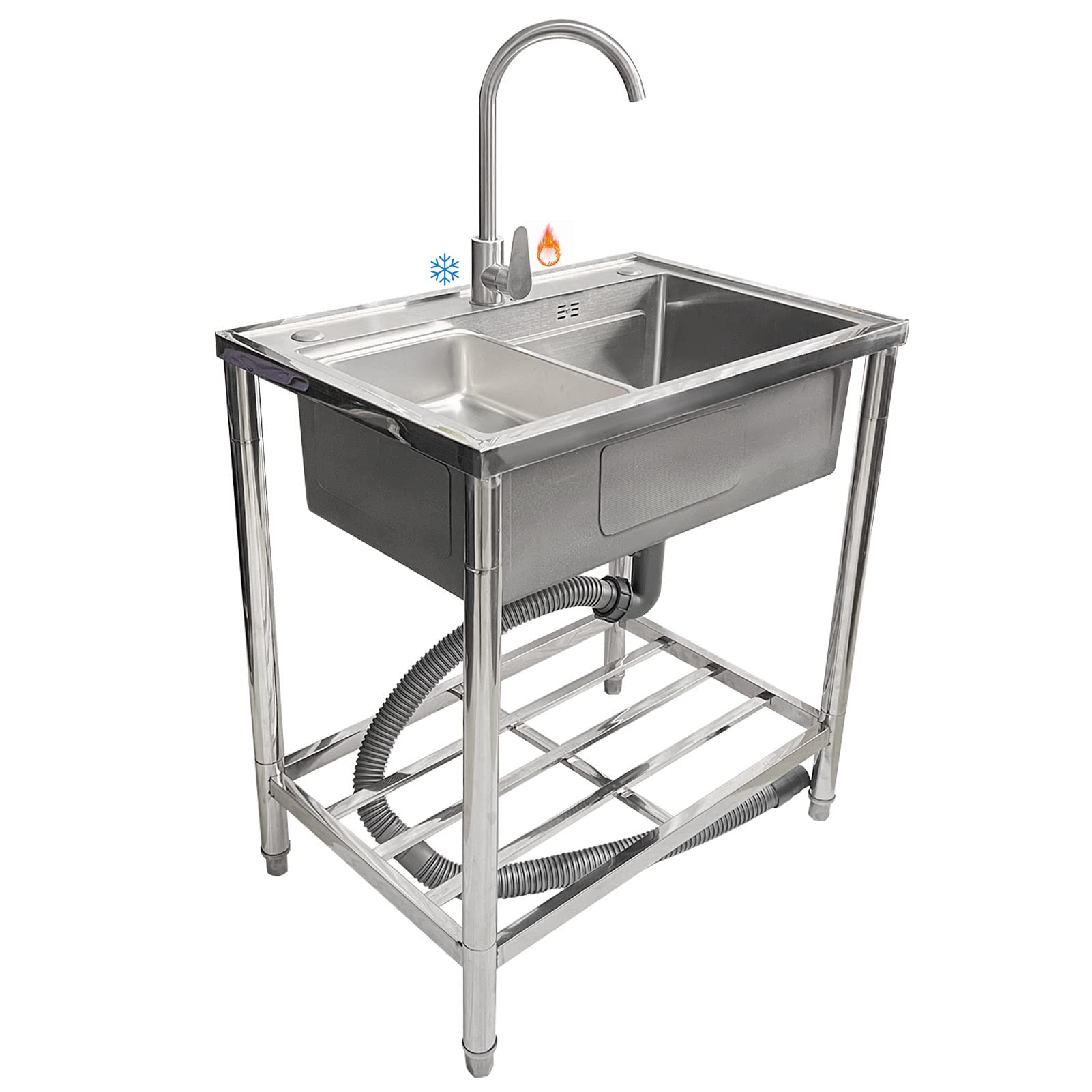 YADZISW Free Standing Stainless-Steel Utility Sink Commercial Restaurant Kitchen Single Bowl Prep & Washing Hand Basin w/Cold Hot Water Pipe Tap Shelves
