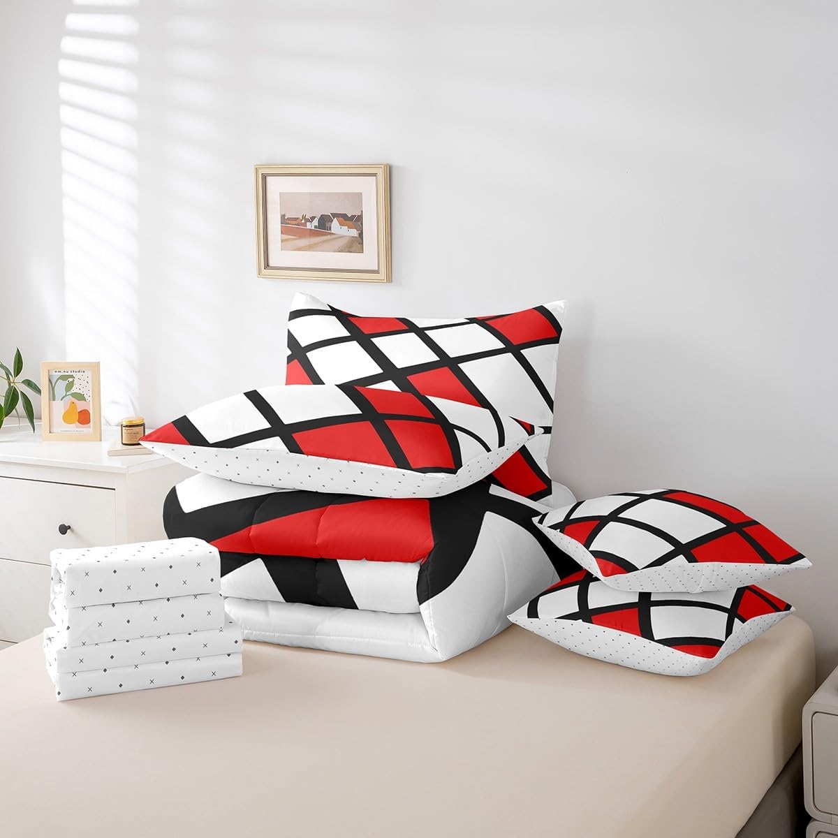 Feelyou Red Black White Abstract 7 Piece Bedding Set Queen Size Kids Modern Comforter Set with Sheets for Boys Girls Teens Abstarct Art Bed in a Bag Soft