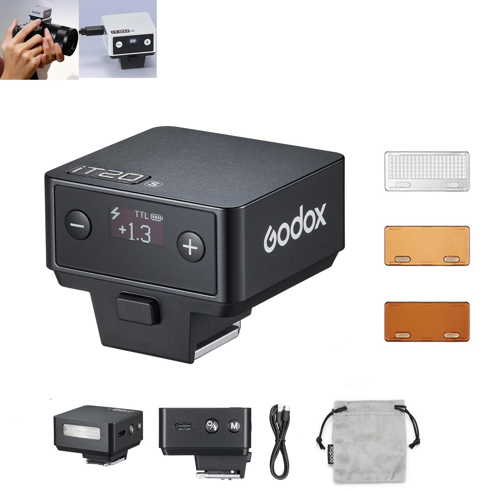 Godox IT20 S IT20S Mini Camera Flash for Sony, TTL Godox Flash,700+ Full Power,1.5s Recycle Time,USB-C Charging, with Magnetic Diffuser & Filter -