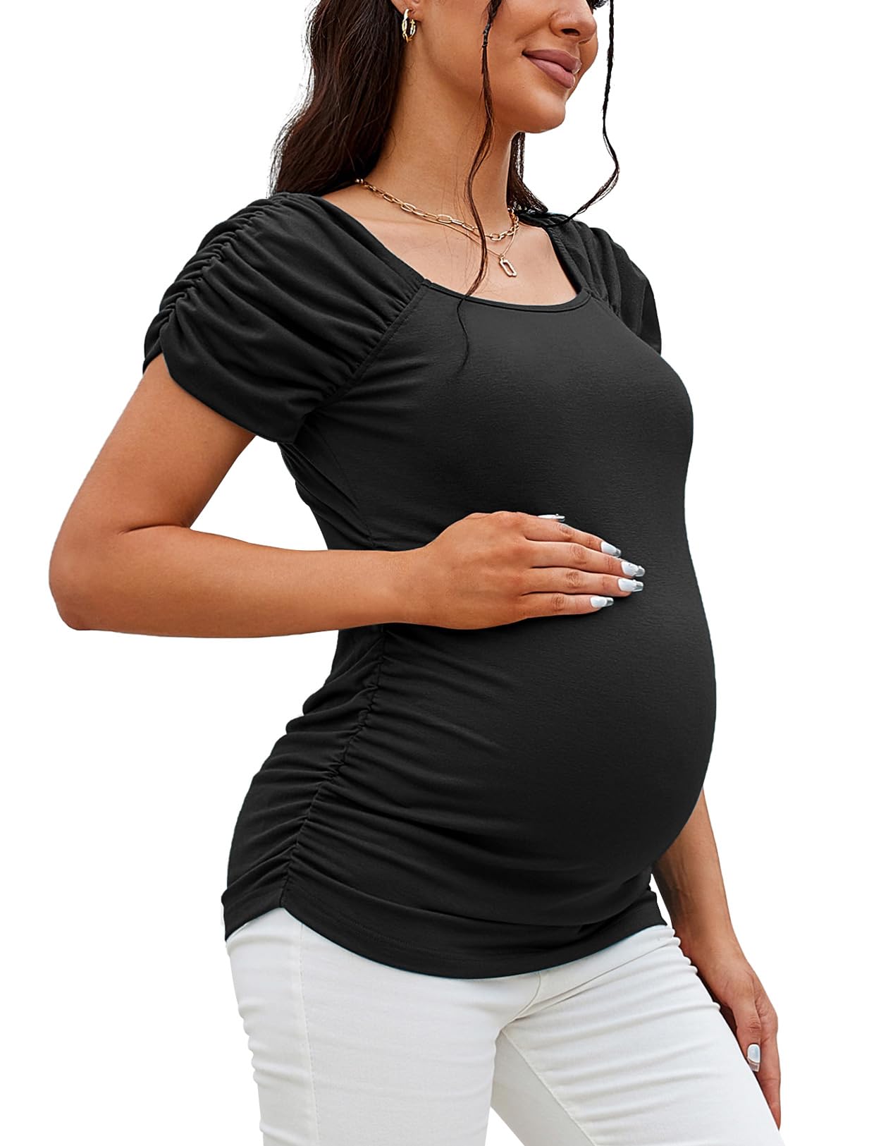 GINKANAMaternity Shirts Square Neck Maternity Tops Casual T-Shirts Ruched Short Sleeve Summer Maternity Tees Tunics Blouses