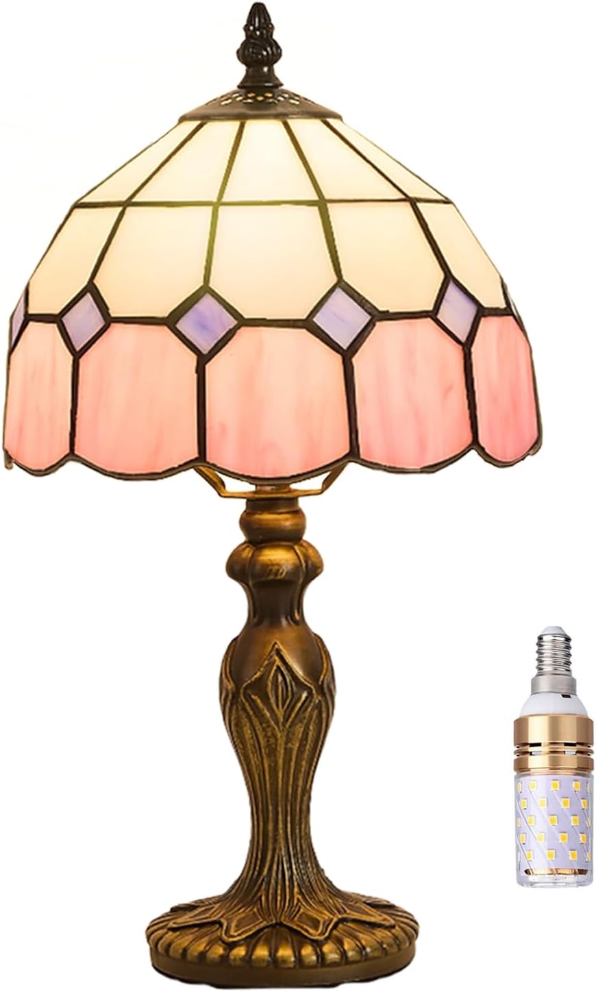Tiffany-Style 8 Inch Table Lamp Mediterranean Series Stained Glass Lampshades Small Bedside Lamp Reading Antique Desk Light Livingroom Bedroom Office Vintage Art Deco Victorian(Color:Pink)