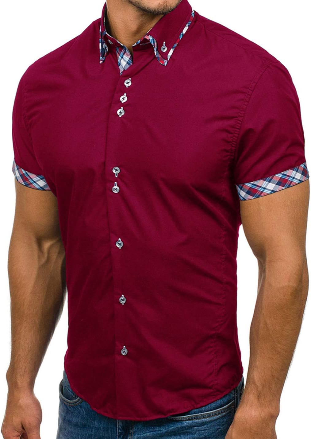 Flygo Men's Slim Fit Short Sleeve Button Down Tee Shirts (Small, Wine red)