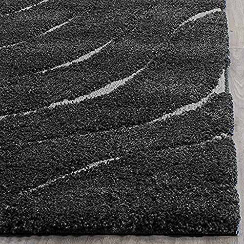 Image of Textured Wave Shaggy Rectangular Carpet For Living Room,Bedroom,High Low Design Finish Microfiber 1.8 Inch Pile High,5X8 Feet Black Ivory Color