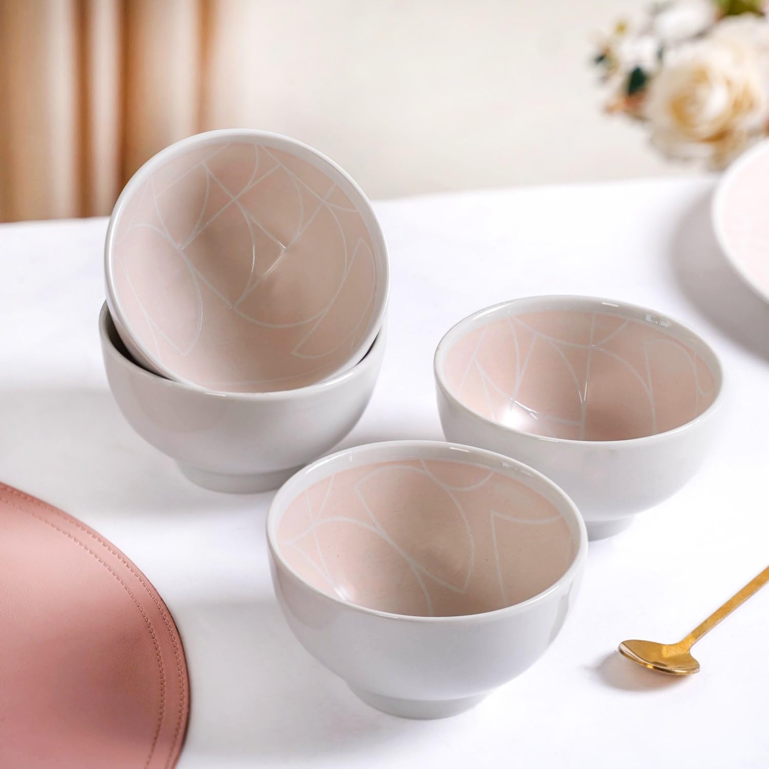 Nestasia Ceramic Bowls for Snacks - Dishwasher & Microwave Safe Bowl Set of 4 (325 ml), Geometric Art Deco Designed Serving Bowl Set for Soups, Treates, Desserts, Sweets, Dal & Sabji (Pink)