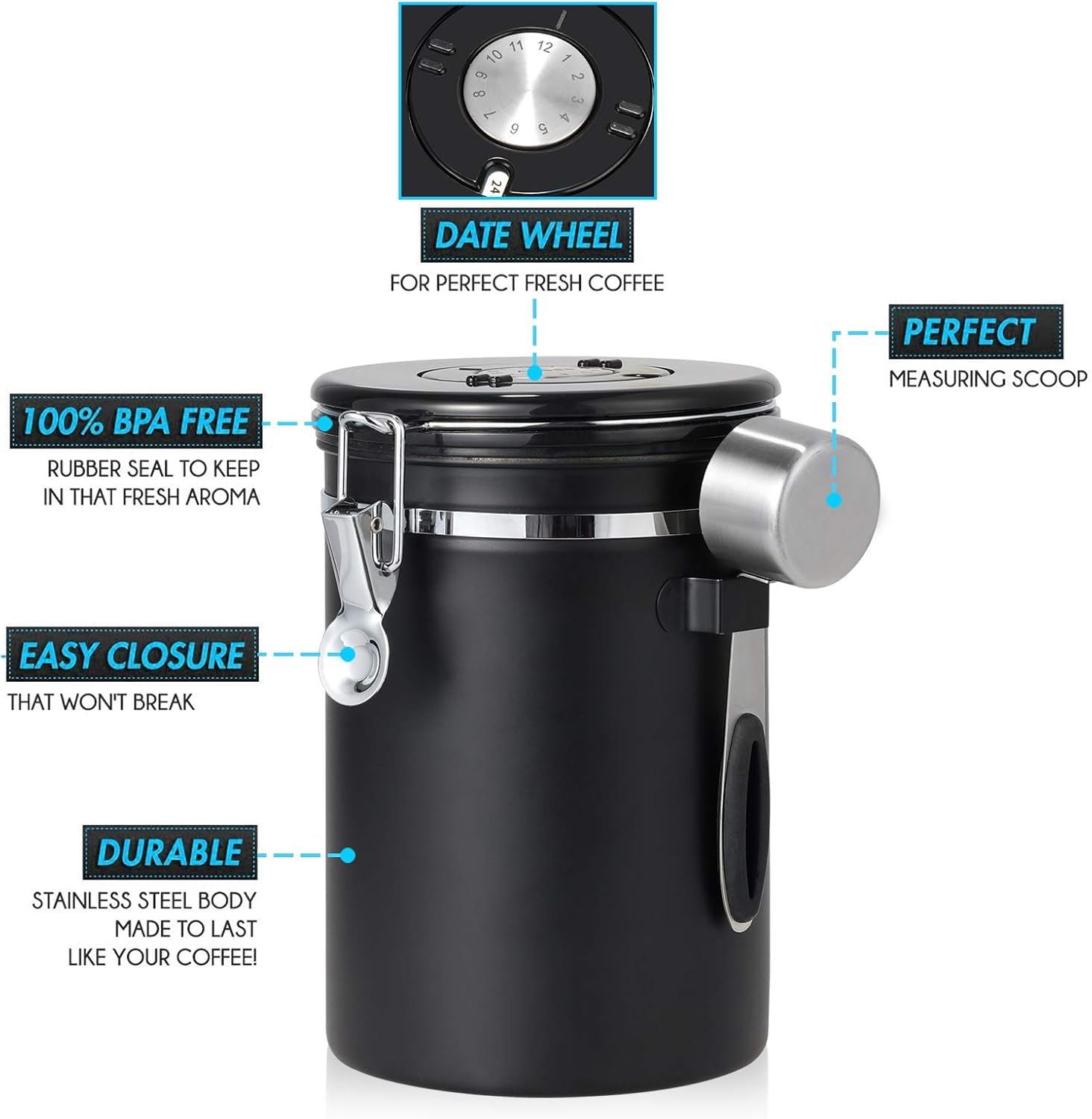 Hossejoy 2.8L Airtight Coffee Canister, Stainless Steel Airtight Container with Measuring Scoop - Image 3