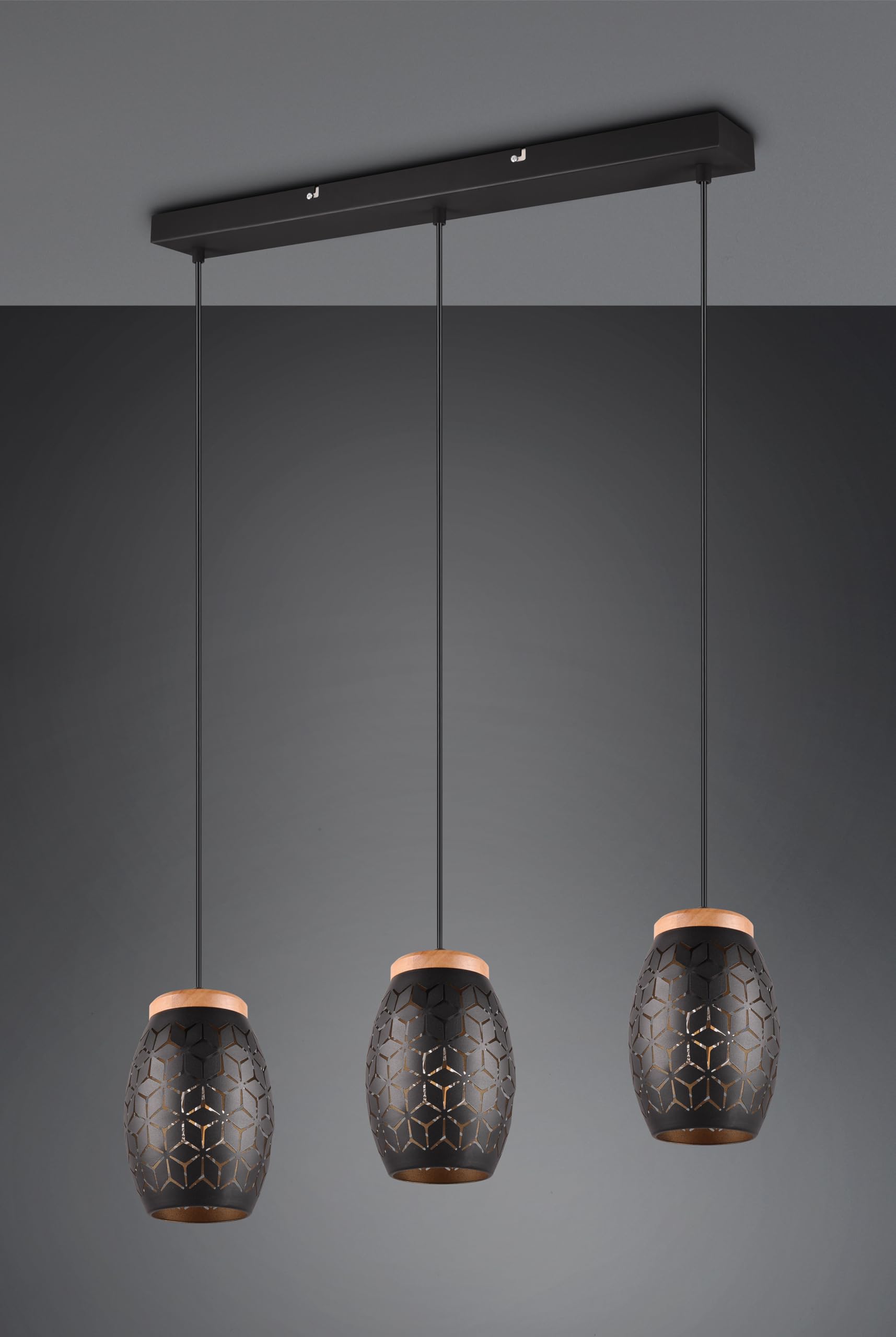 Reality Leuchten Pendelleuchte Bidar R31573080, Metall Schwarz matt, Holz naturbelassen, exkl. 3x E27