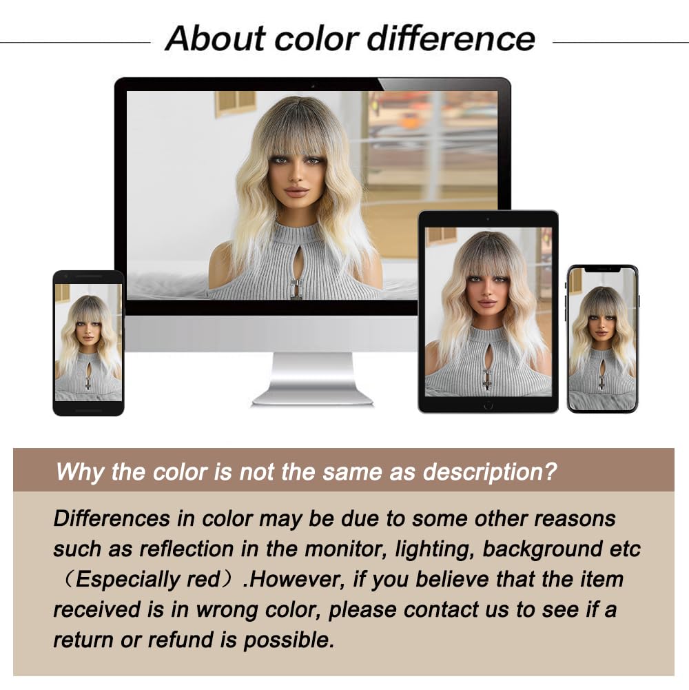 Ombre Blonde Perücken für Frauen Kurz Gewellt Perücke mit Pony Natürliches Synthetisches Haar Hitzebeständig Perücken für Tägliche Party Cosplay Tragen