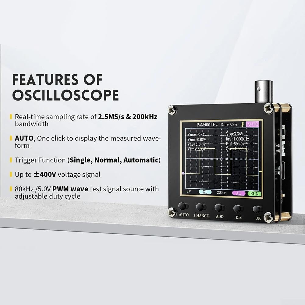 Zoegneer 138 PRO Digitales Oszilloskop, Einzelk, 2,4 Zoll LCD-Display, 200 kHz Bandbreite, 2,5 MSa/s, Abtastrate mit Typ-C-Kabel und Sonde (mit 10-fach-Sonde)