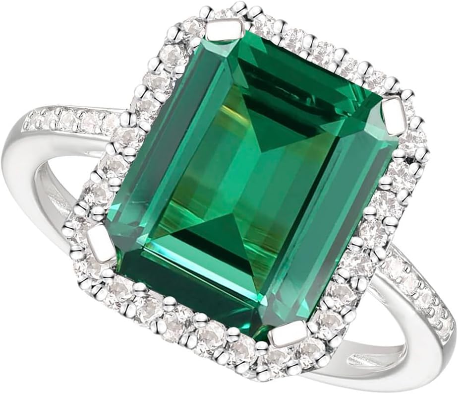 Emerald Cut Gemstone Ring, Lab-Created Gemstone and White Sapphire Ring Set in a Sterling Silver Band, Emerald Cut Birthstone Rings, Silver Jewelry, Rings for Women (10x8 mm stone)