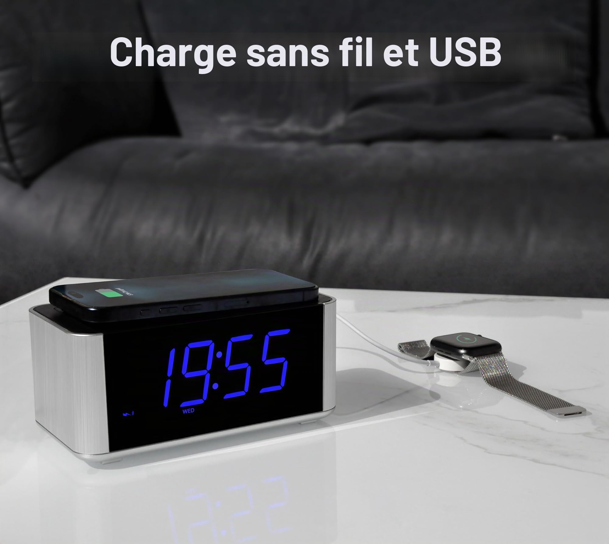 iTOMA Radio réveil avec Charge sans Fil 5W, Snooze, Bluetooth, Double réveil, écran LED de 1,4 Pouces, gradateur, tête de lit USB Charge Horloge 206