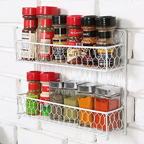 Mygift® Farmhouse Style Metal Wire Spice Rack - Wall Mount Or Kitchen Countertop 2-Tier Seasoning Jar Storage Organizer, White #TOP3
