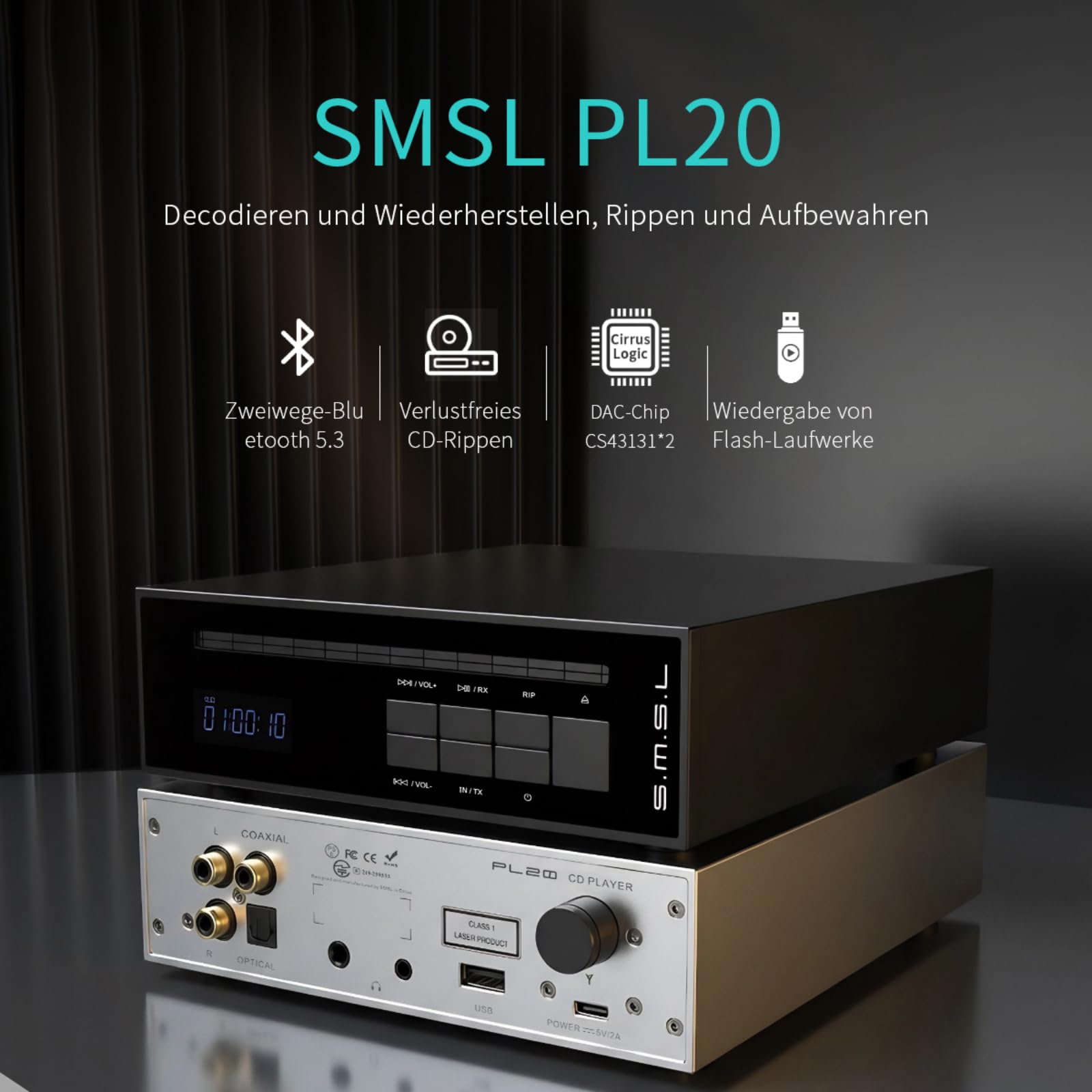 SMSL PL20 HiFi CD-Spieler für Zuhause, CD-Ripper, Bluetooth-Autoradio-CD-Player, 2×CS43131-Chip, USB-Stick/Bluetooth-Eingang, RCA/BT/3,5mm/4,4mm Symmetrisch/Optisch/Koaxial Digitaler Ausgang (Schwarz)