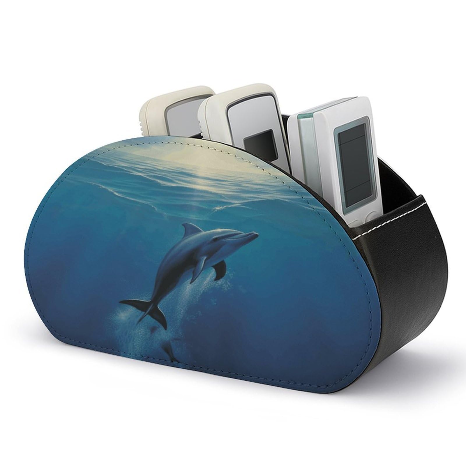 VstaDank Dolphin in The Ocean Remote Control Holder with 5 Compartments Pu Leather TV Remote Caddy Storage Box Desktop Organizer Store Controller DVD Brush Pens Glasses&Office Supplies