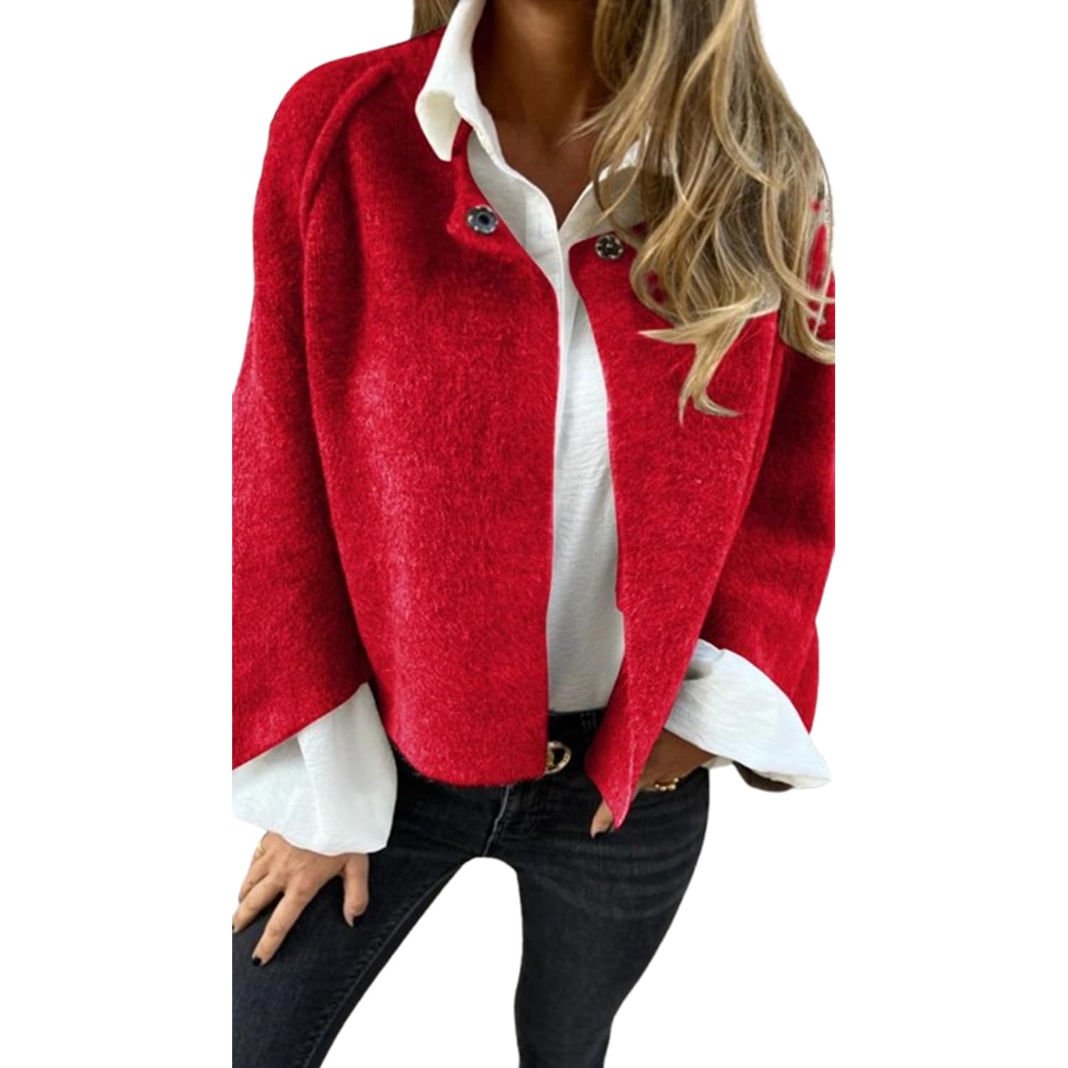 PNZLZIA Women's Round Neck Woolen Long Sleeve Coat, Soft Warm Cashmere Cardigan Jacket, Women Cropped Wool Blend Coat (4X-Large,Red)
