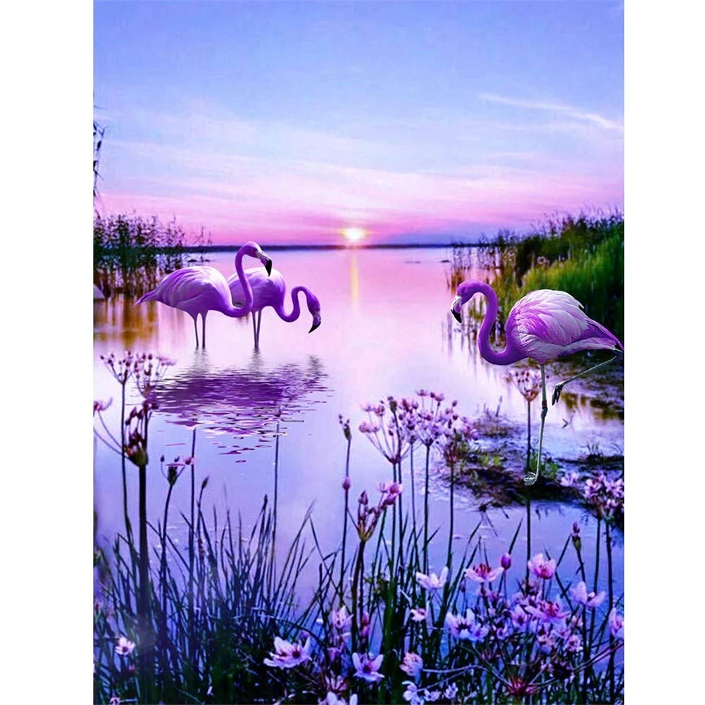 DIY 5D Diamante Pintura Bordado Kits Completo Lago Flamingo Diamond Painting Adultos/Niños Rhinestone Punto de Cruz Diamante Arte Artesanía Casa Decoración de La Pared Round Drill,70x90cm/28x36inch