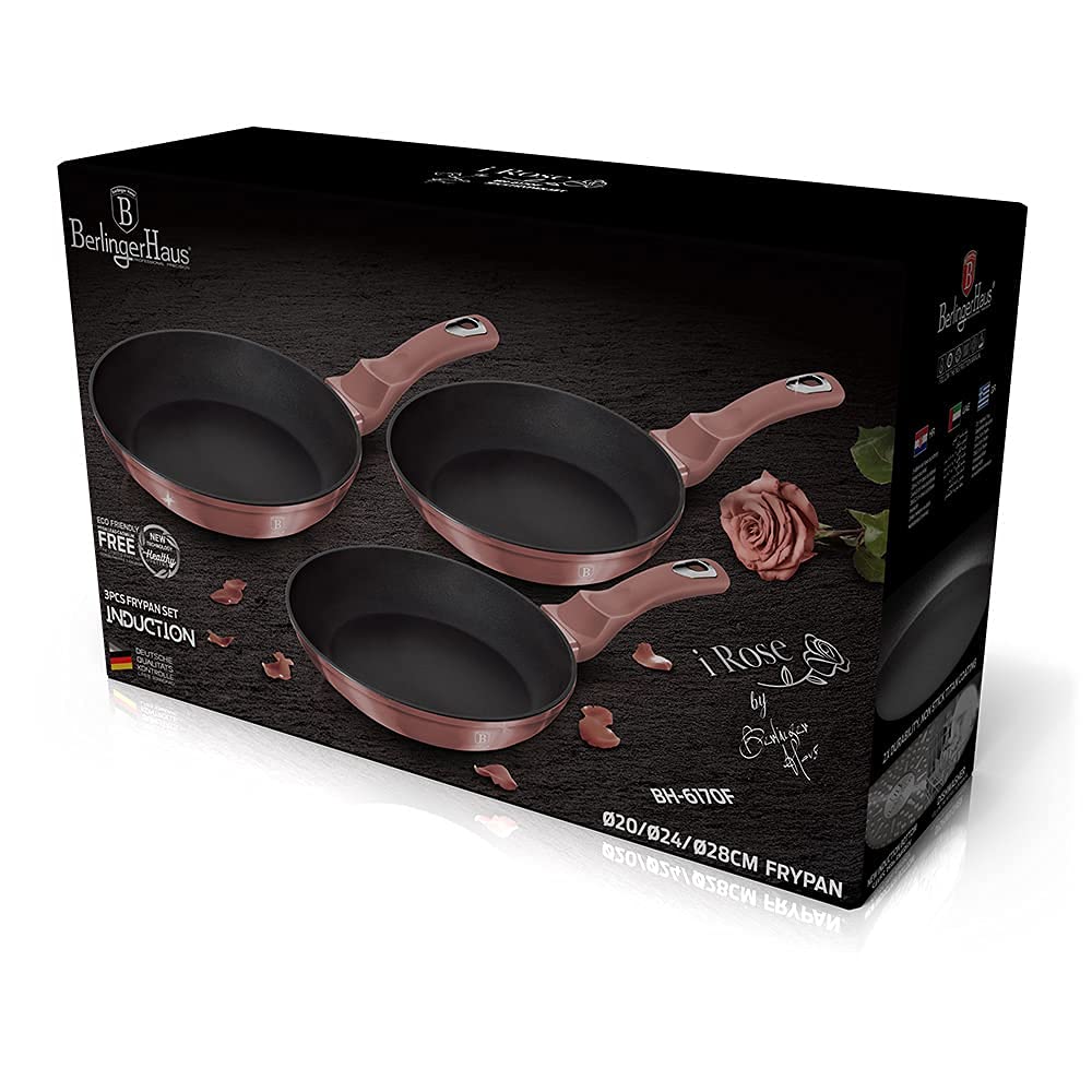Berlinger Haus I-Rose Juego 3 Sartenes Inducción 20-24-28cm, Aluminio Forjado, Antiadherente Ecológico Titano sin PFOA, Diseño Moderno, Apta para Todas Las Cocinas, Vitrocerámica, Gas