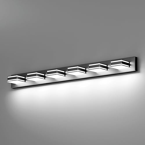 Miniatura 9 de Ralbay Lámpara LED moderna de tocador de 48 pulgadas para baño, 6 luces, acrílico, moderna, color negro mate, accesorios de iluminación sobre espejo