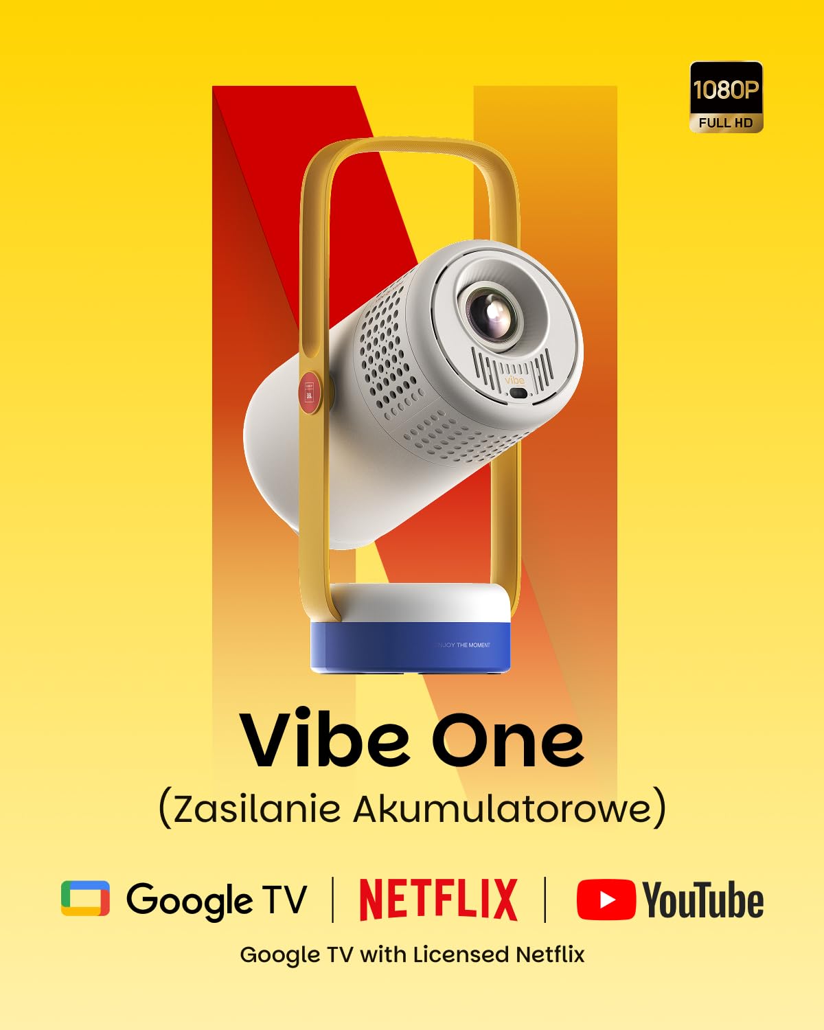 XGIMI Vibe One z wbudowaną baterią Mini Projektor 1080p | 250 ISO, Google TV, Netflix, 160° uchwyt, 2×3W JBL, 8 kolorów, 1,2h baterii, 45-150". Do domu, podróży i na kemping