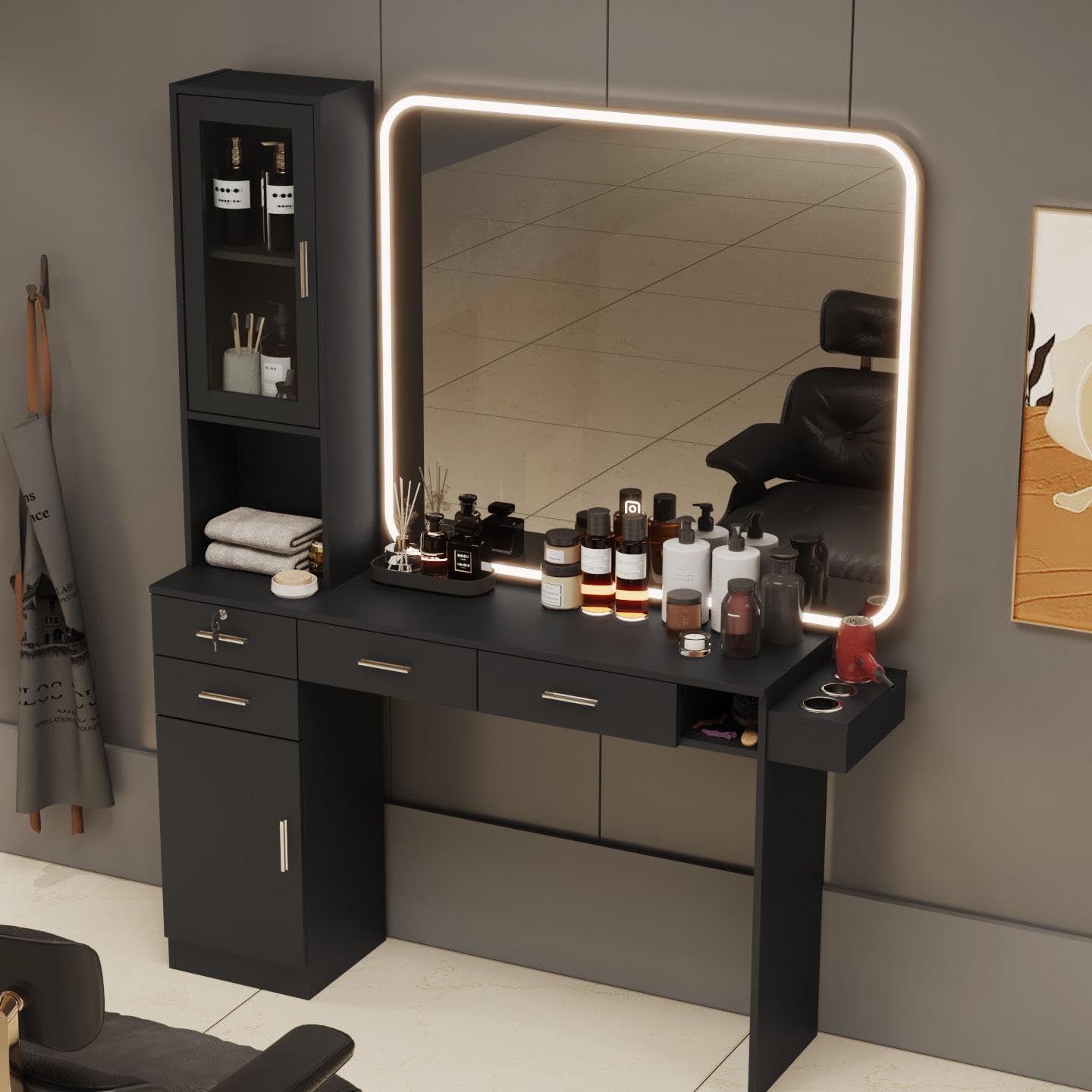 (image similar )Barber Salon Station for Hair Styling, Wall Mount Beauty Spa Furniture Equipped with Salon Equipment Hair Dryer Holder, Drawers, Storage Cabinet and Open Shelves, Without Mirror (Black)(only glass)