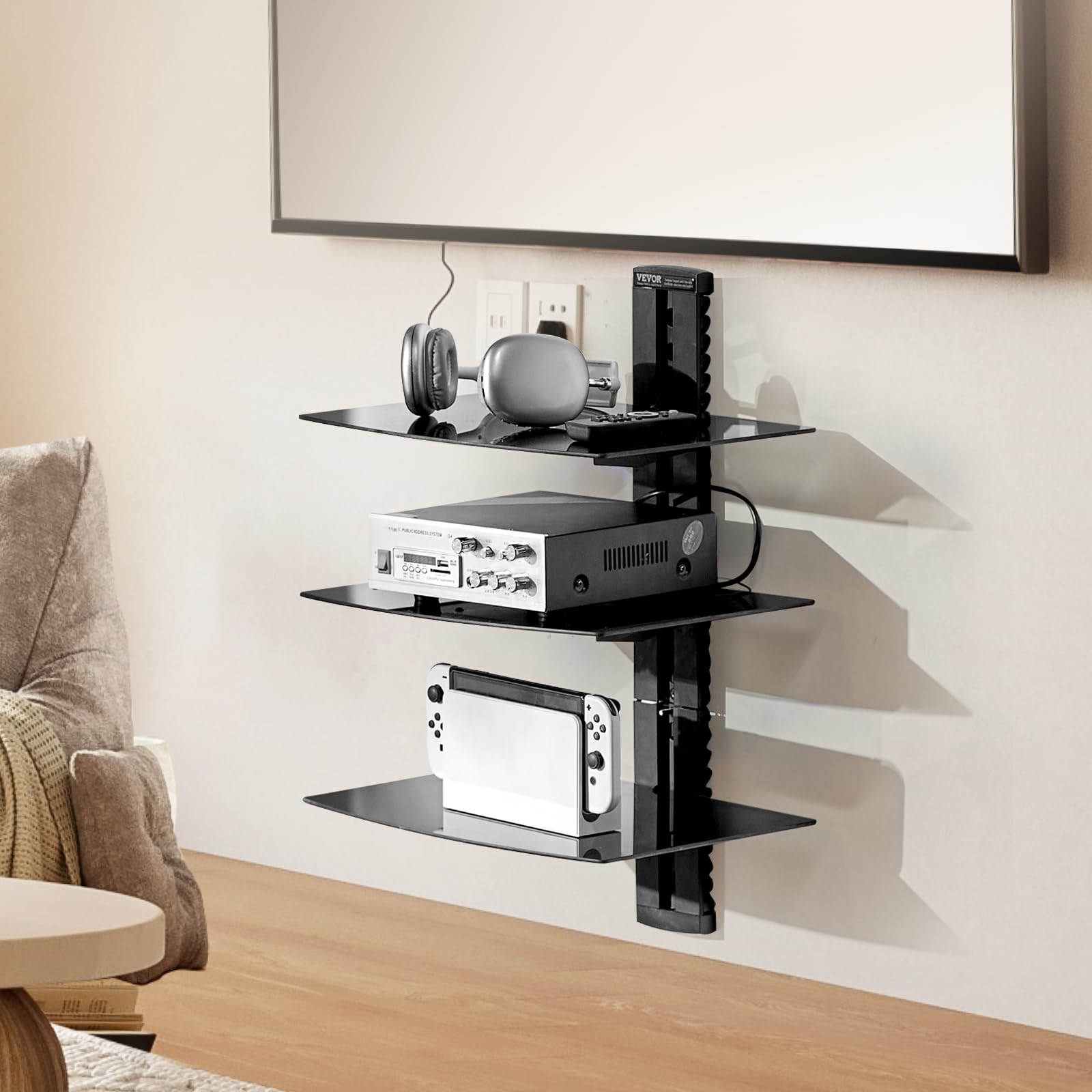 VEVOR Étagère Multimédia Mural 3 Niveaux, Support Audio Visuel en Verre Trempé, Capacité de Charge 8,2 kg pour Lecteurs DVD/Décodeurs/Consoles