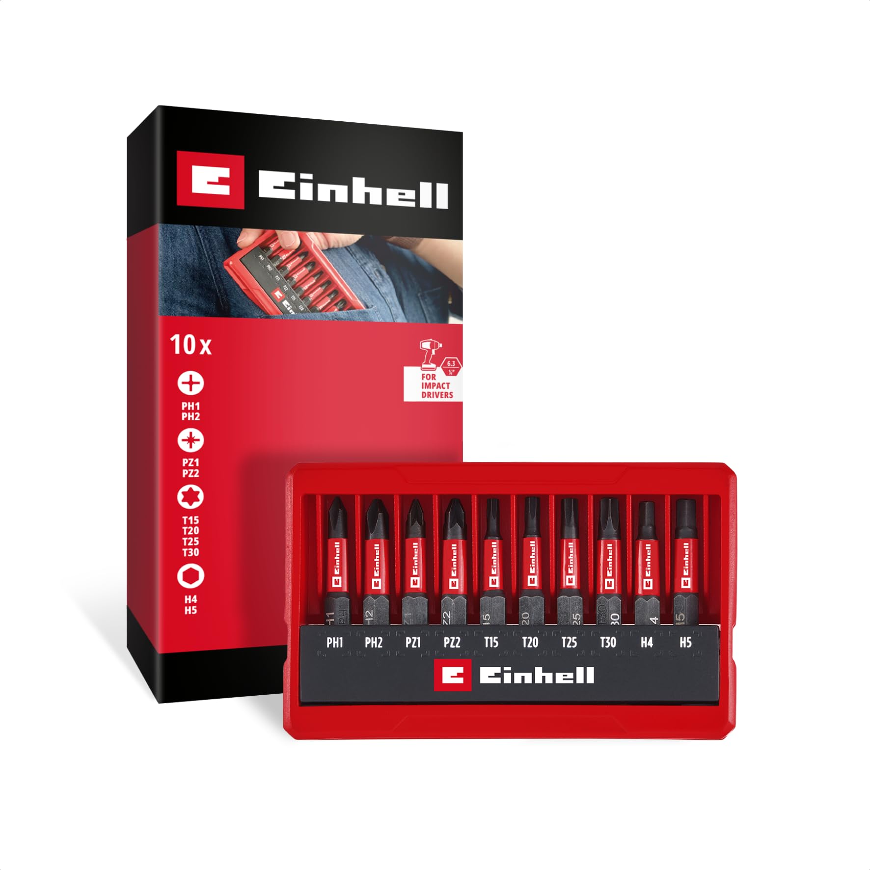 Original Einhell Impact bit Set 10-piece (50 mm bits PH/PZ/T/H, S2 Steel, E 6.3 Shank, Pocket Cassette with Set-up Function)