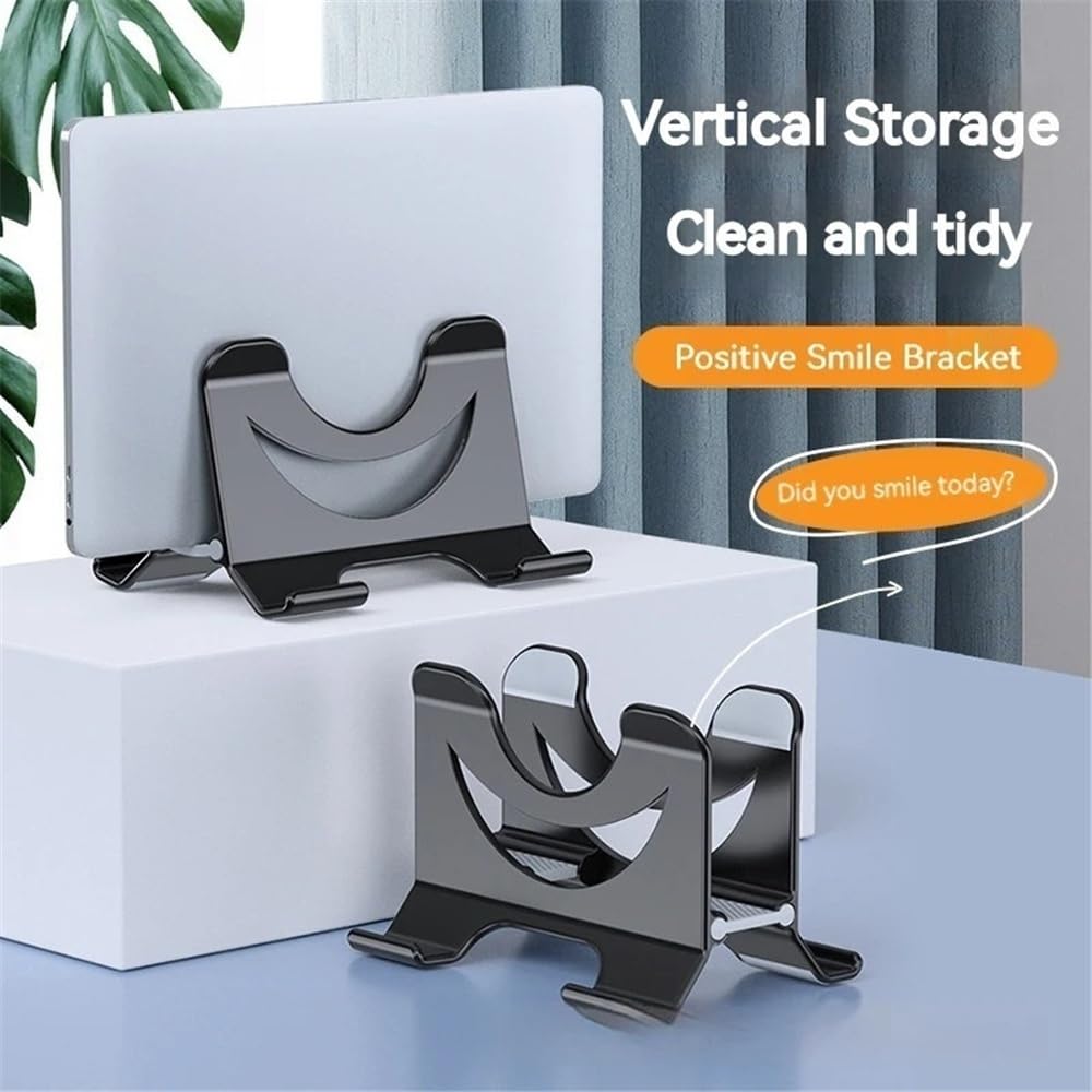Soporte vertical ajustable para laptop, para escritorio, con bloqueo automático de gravedad, plástico con estante lateral (blanco)