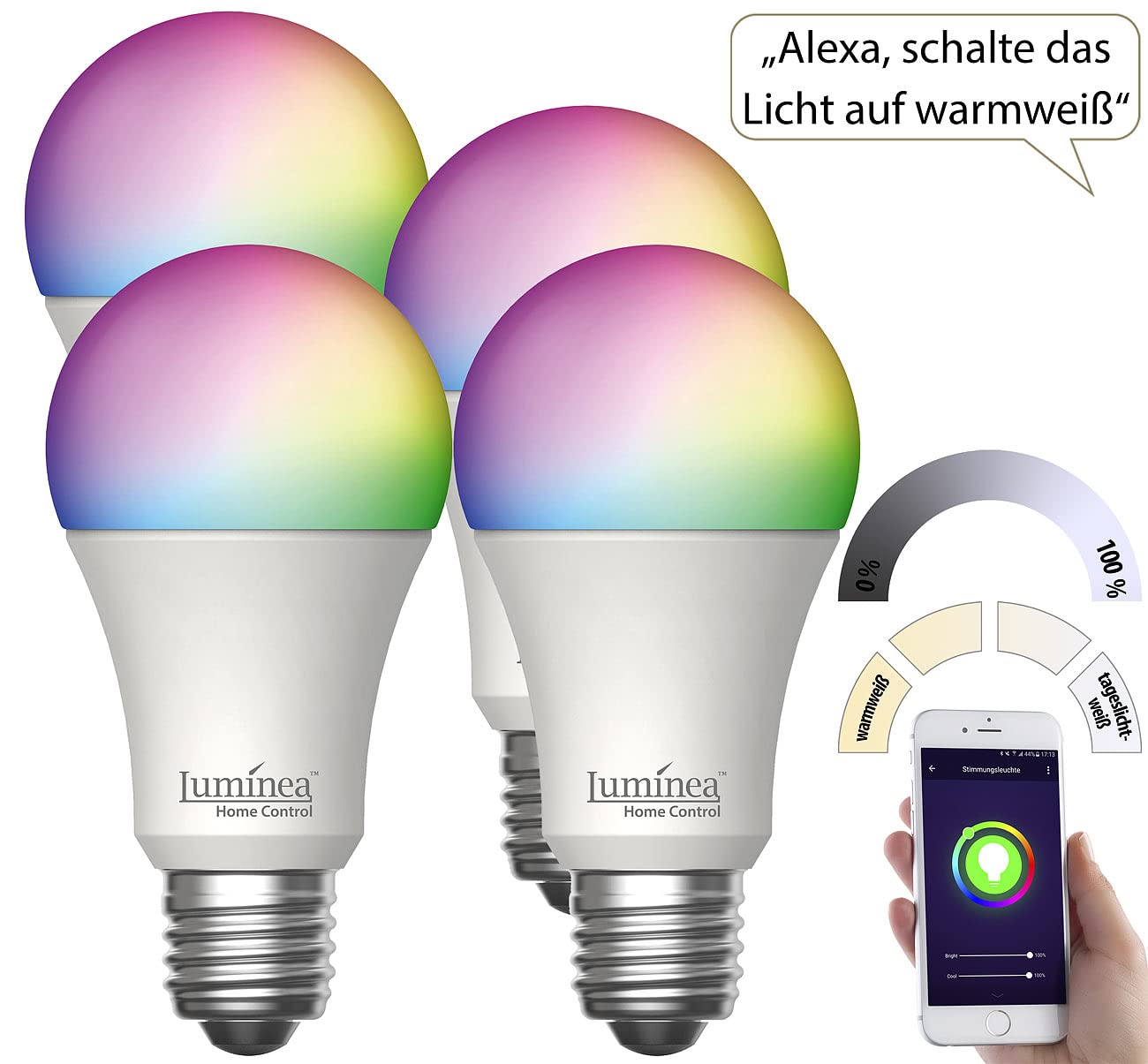 Luminea Home Control Glühbirnen Alexa: 4er-Set WLAN-LED-Lampen, E27, RGB-CCT, 14W(ersetzt 150W), 1.520lm, App (WLAN-LED-Lampe Alexa, E27 RGB WiFi)