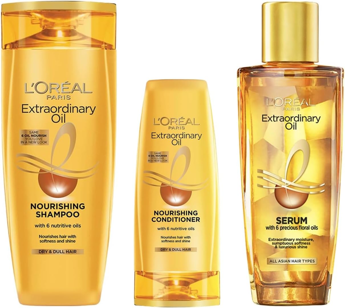 L'Oreal Paris Extraordinary Oil 3 -step Nourishing kit - Shampoo For Dry & Dull Hair (340ml) + Conditioner (36ml) + Hair Serum (100ml)