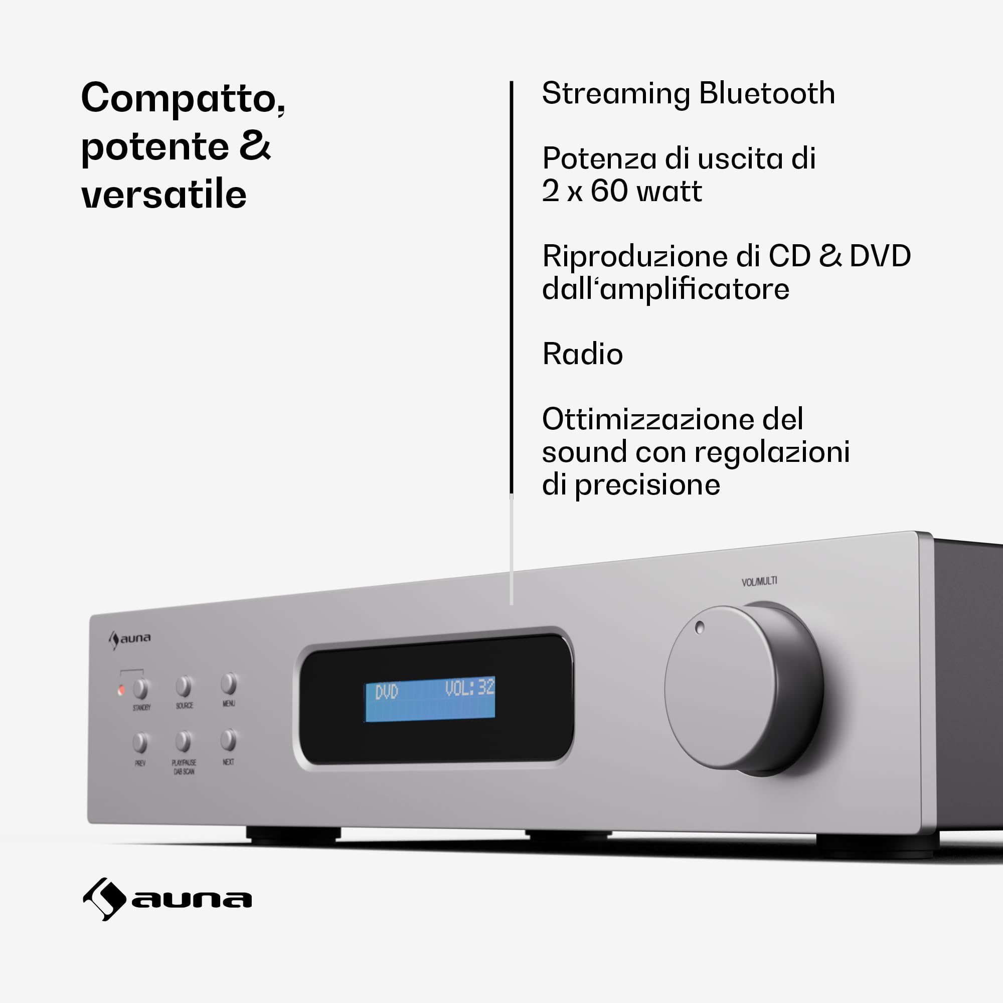 Auna Art22 - Amplificatore HiFi Bluetooth & Radio DAB+, 2x60W, Stereo, Ingressi Ottici & Coassiali, FM, CD/DVD, Telecomando, Design Compatto, Bianco-Argento