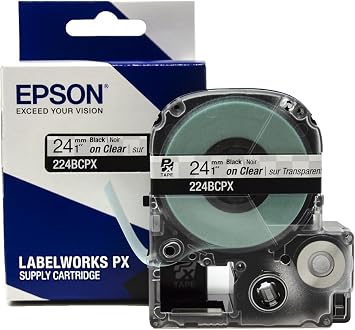 Epson LABELWORKS 224BCPX Label Tape - Black on Clear - 1" 24mm, 30ft | Genuine Epson PET polyester label tape, water & abrasion resistant, for LABELWORKS PX label makers