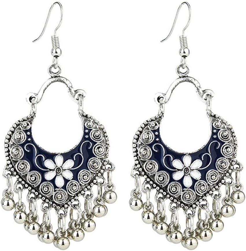 Myhouse Vintage Ethnic Style Fan-Shaped Flower Drop Glaze Metal Earrings Charm Gift, Blue