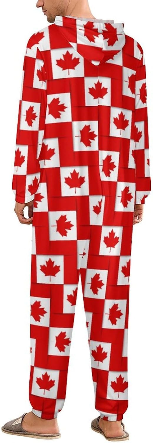 Canadian Canada Flag Adult Pajamas Onesie with Hood Pocket Jumpsuits One Piece Sleepwear