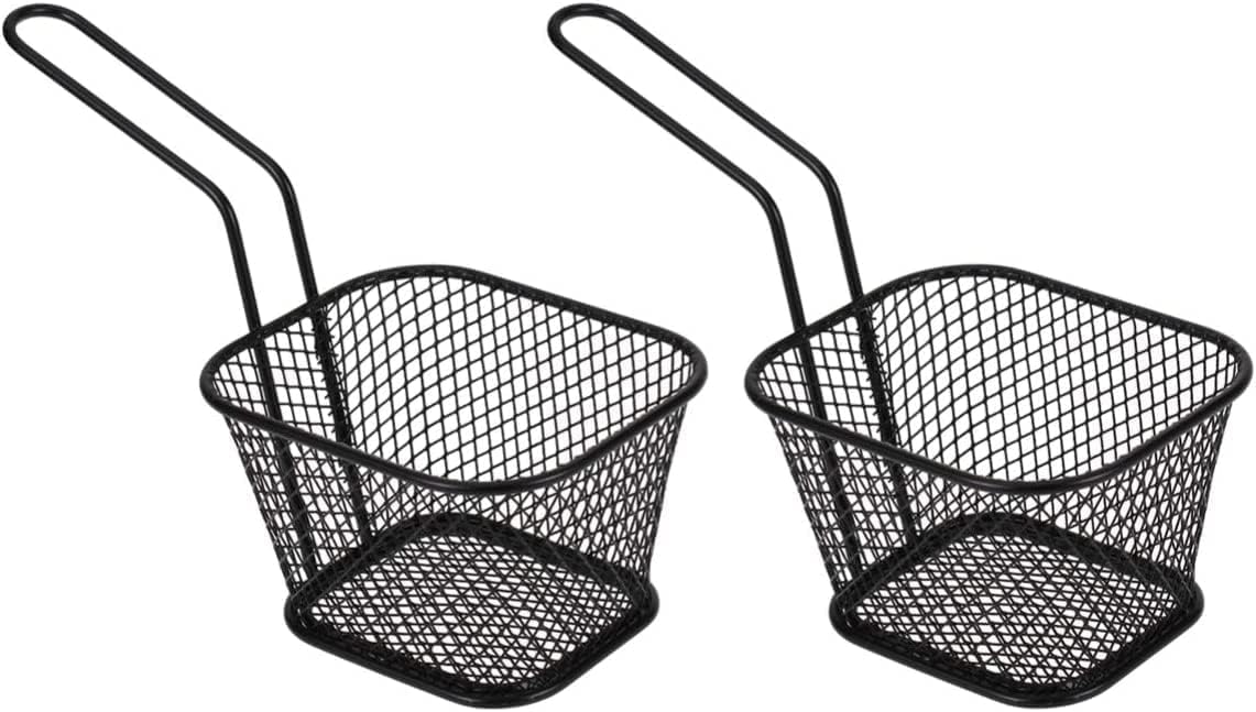 LATRAT Set of 2 Frying Baskets, Mini Square Chip Baskets, Metal Fryer, Served for Fries, Onion Rings and Chicken Wings (Black)