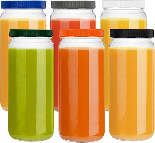 tronco Botellas de jugo de vidrio de 16 onzas, botellas de vidrio de viaje con tapas herméticas de plástico, botellas de agua de vidrio duraderas, 6