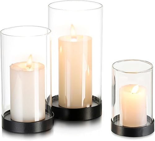 Miniatura 10 de Hewory Portavelas Huracán para Velas de Pilar: Juego de 6 Portavelas Votivos Negros, Huracán de Vidrio con Placa Metálica para Vela, Portavelas de