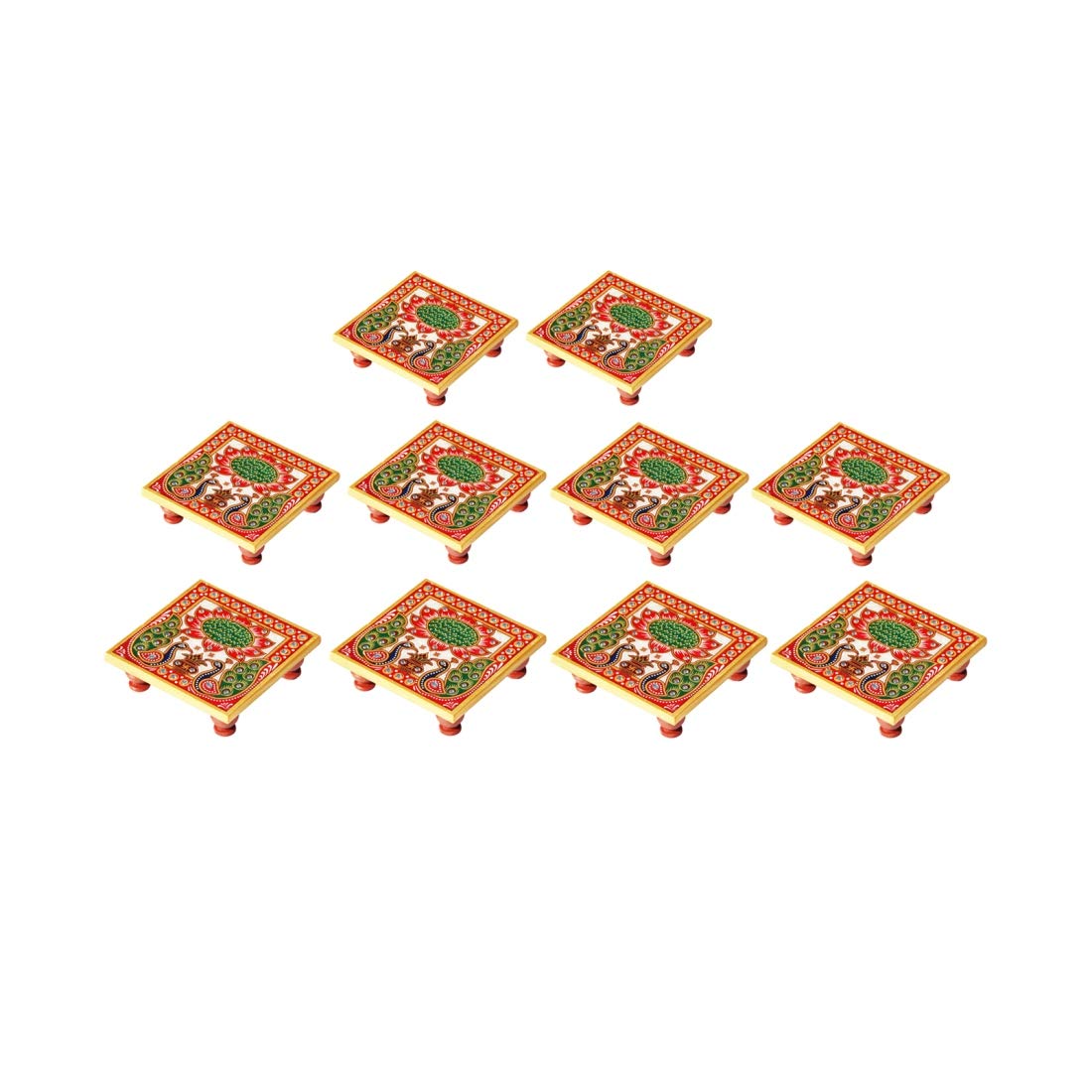 Handicrafts ParadiseMarble Chowki Set of 10 pc with Peacock Design Painted by s Paradise