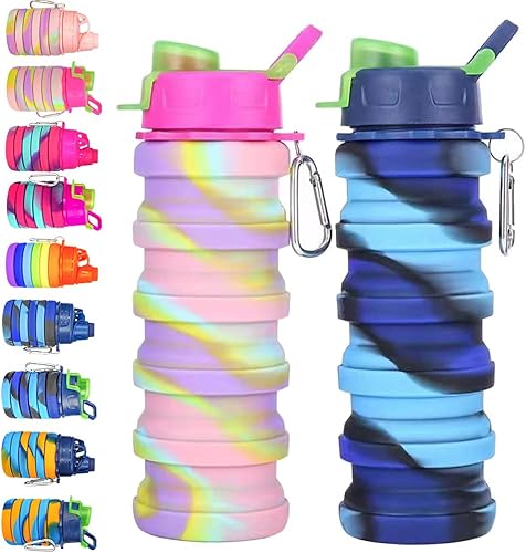 2 botellas de agua plegables de silicona, 16 onzas, portátil, plegable, expandible, botella de agua deportiva con mosquetón, a prueba de fugas, sin