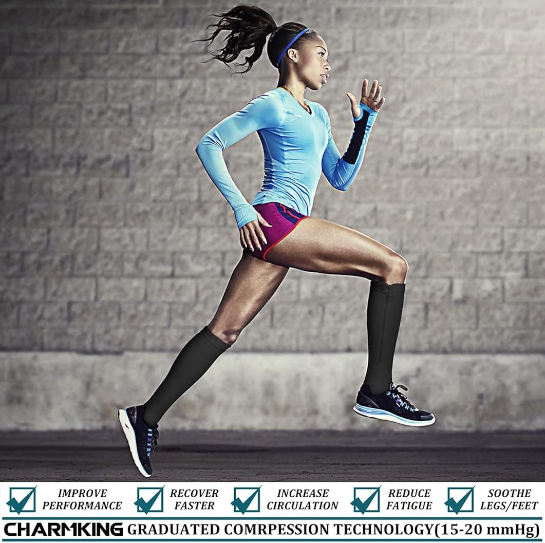 CHARMKING 2 Pairs Zipper Compression Socks for Women Men Open Toe 15-20 mmHg is Best for Circulation All Day Wear Nurse